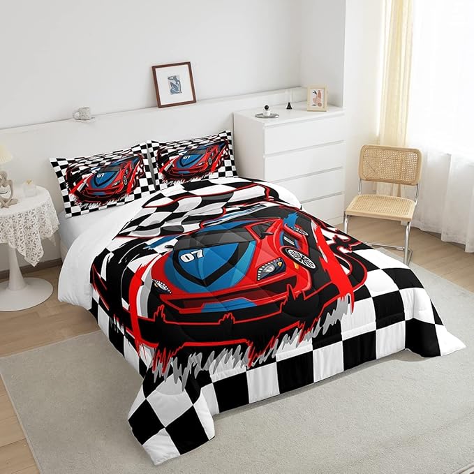 Red Race Car Bedding Set King Size Cool Racing Car Comforter Set Competition Extreme Sports Game Down Comforter for Kids Boys Girls Teens Bedroom Decor Plaid Pattern Duvet Insert with 2 Pillowcases - LeafyLoom