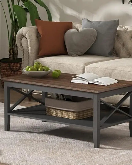 ChooChoo Oxford Coffee Table, Wooden Coffee Table with Thicker Legs, Black Coffee Table with Storage for Living Room - LeafyLoom