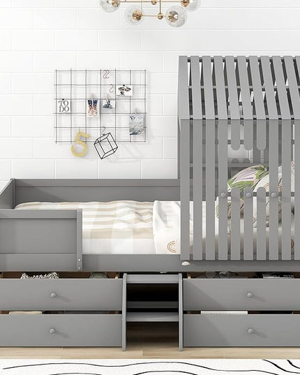 Full Size Low Loft Bed, Wooden House Shaped Loft Bed Frame with 4 Storage Drawers for Kids Teens Boys Girls, Easy Assembly, No Box Spring Needed, Gray - LeafyLoom
