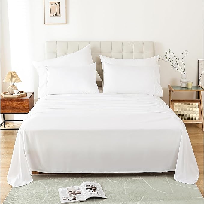 Queen Sheet Set - White Soft Breathable Bed Sheets for Queen Size Bed, Fit Deep Pocket Hotel Lxuury Sheets, Silky Cooling Bedding Sheets and Pillowcases, Wrinkle Free Oeko-Tex Sheets 4 Piece - LeafyLoom