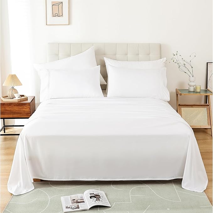 King Sheet Set - White Soft Breathable Bed Sheets for King Size Bed, Fit Deep Pocket Hotel Luxury Sheets, Silky Cooling Bedding Sheets and Pillowcases, Wrinkle Free Oeko-Tex Sheets 4 Piece - LeafyLoom