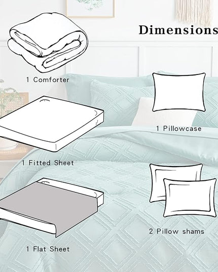 6 Pieces Tufted Bed in a Bag Twin Comforter Set with Sheets Green, Soft and Embroidery Shabby Chic Boho Bohemian Design, Luxury Solid Color with Diamond Pattern, Jacquard Tufts Bedding Set for Kids - LeafyLoom