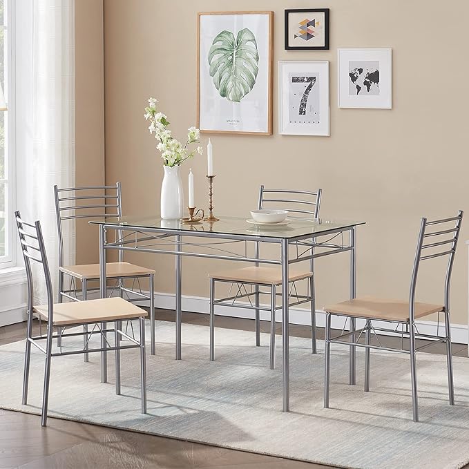 VECELO Kitchen Dining Table Sets for 4, 5 Piece Small Dinette with Chairs, Burnished Silver - LeafyLoom