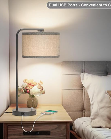Gray Bedside Lamp with Dual USB Charging Ports, Fully Dimmable Modern Nightstand Lamp with Grey Fabric Shade, Tall Reading Lamp Desk Lamp for Bedroom Living Room Office with 3000K LED Bulb - LeafyLoom