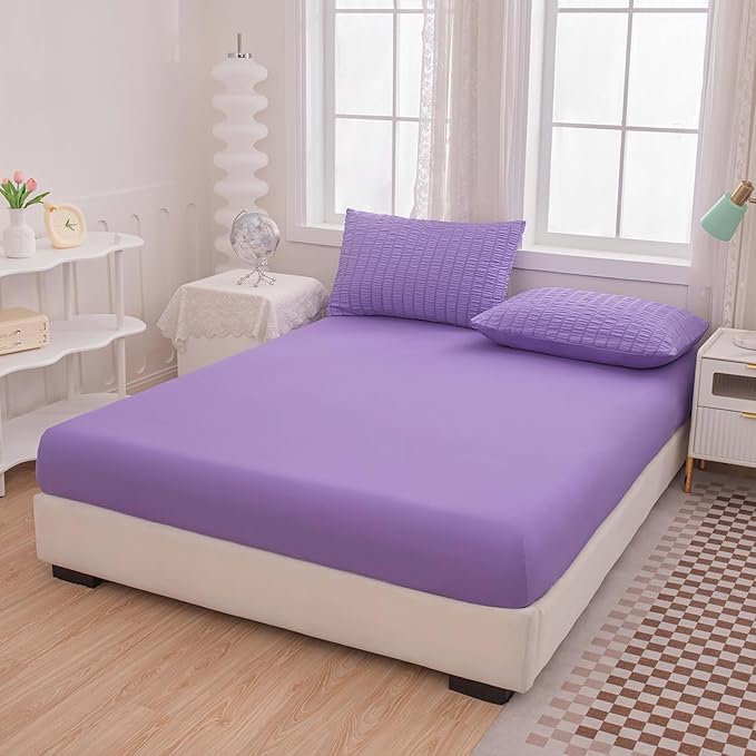 Twin Bed in a Bag Purple Seersucker Comforter Set 5-Pieces Microfiber Lightweight Comforter All Season Bedding Sets with Comforter,Flat Sheet,Fitted Sheet and Pillowcases - LeafyLoom