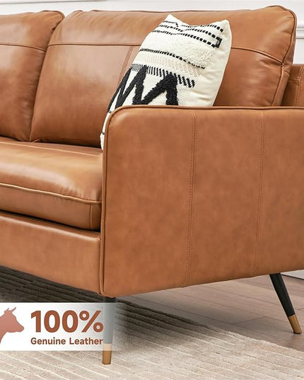67" Genuine Leather Sofa, Top-Grain 2 Seater Loveseat Couch, Mid-Century Modern Upholstered Sofa for Living Room Bedroom Apartment Office, Cognac Tan - LeafyLoom