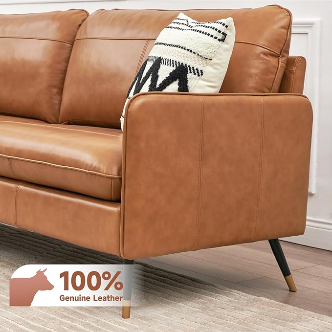 67" Genuine Leather Sofa, Top-Grain 2 Seater Loveseat Couch, Mid-Century Modern Upholstered Sofa for Living Room Bedroom Apartment Office, Cognac Tan - LeafyLoom