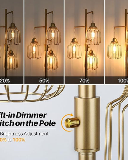 Dimmable Industrial Floor Lamp with 3 LED Edsion Bulbs, Farmhouse Tall Standing Lamp for Living Room, Modern Gold Tree Floor Lamp, Bright Vintage Pole Light with Cage Shades for Bedroom Home Decor - LeafyLoom