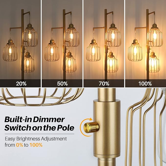Dimmable Industrial Floor Lamp with 3 LED Edsion Bulbs, Farmhouse Tall Standing Lamp for Living Room, Modern Gold Tree Floor Lamp, Bright Vintage Pole Light with Cage Shades for Bedroom Home Decor - LeafyLoom