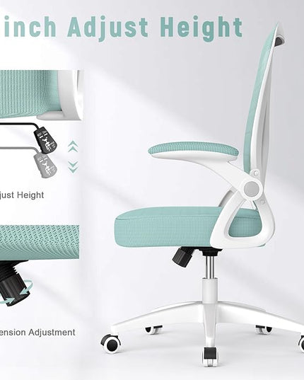 naspaluro Ergonomic Office Chair, Mid Back Desk Chair with Adjustable Height, Swivel Chair with Flip-Up Arms and Lumbar Support, Breathable Mesh Computer Chair for Home/Study/Working, Green - LeafyLoom