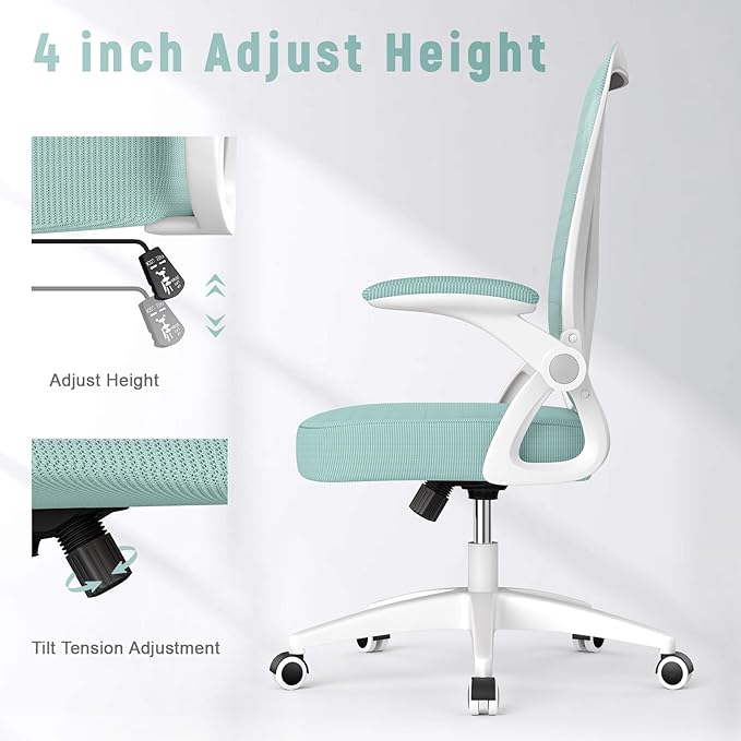 naspaluro Ergonomic Office Chair, Mid Back Desk Chair with Adjustable Height, Swivel Chair with Flip-Up Arms and Lumbar Support, Breathable Mesh Computer Chair for Home/Study/Working, Green - LeafyLoom