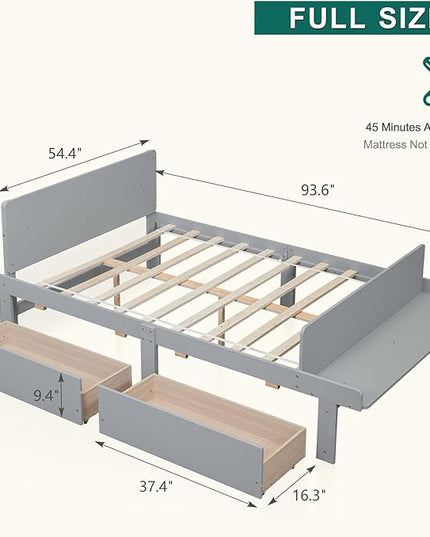 Dolonm Full Bed Frames for Kids with 2 Drawers, Storage Platform Bed with Footboard Bench, Twin Kids Bed Headboard Frame Pine Wood, High Stable, No Box Spring Needed, Twin Bed for Kids, Grey - LeafyLoom