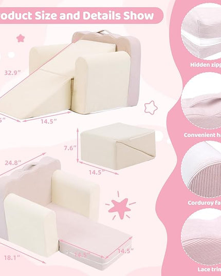 3-in-1 Toddler Chair Comfy Kids Sofa Chair,Toddler Couch Fold Out with Folding Ottomans,Foldable Baby Couch for Girls and Boys,Convertible Kids Chair Cozy to Lounger Pull Out for Playroom,Beige Pink - LeafyLoom