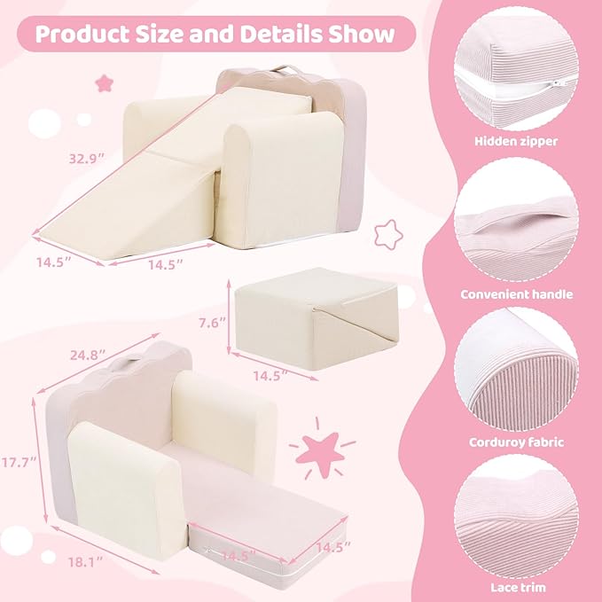 3-in-1 Toddler Chair Comfy Kids Sofa Chair,Toddler Couch Fold Out with Folding Ottomans,Foldable Baby Couch for Girls and Boys,Convertible Kids Chair Cozy to Lounger Pull Out for Playroom,Beige Pink - LeafyLoom