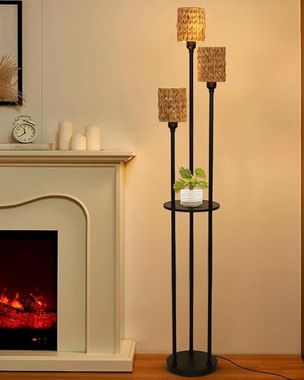 Boho Floor Lamp, 3-Lights Rattan Floor Lamp with Shelves, Farmhouse Floor Lamp with ON/OFF Foot Switch, Rustic Standing Lamp with Rattan Shades, Tall Shelf Floor Lamps for Living Room Bedroom - LeafyLoom