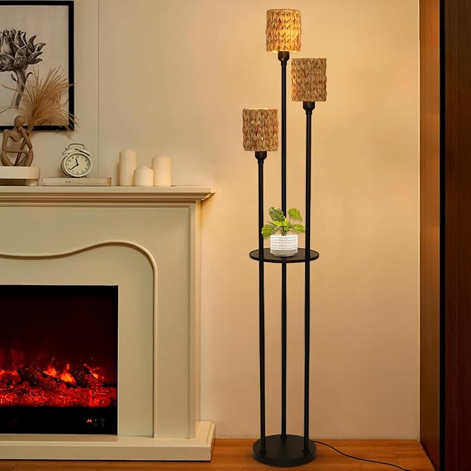 Boho Floor Lamp, 3-Lights Rattan Floor Lamp with Shelves, Farmhouse Floor Lamp with ON/OFF Foot Switch, Rustic Standing Lamp with Rattan Shades, Tall Shelf Floor Lamps for Living Room Bedroom - LeafyLoom