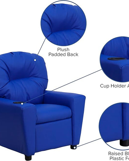 Flash Furniture Chandler Vinyl Kids Recliner with Cup Holder and Safety Recline, Contemporary Reclining Chair for Kids, Supports up to 90 lbs., Blue - LeafyLoom