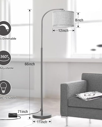 Boncoo Dimmable Floor Lamp, Arc Floor Lamps for Living Room, Stepless Dimmable Standing Lamp with Adjustable Drum Shade, Modern Arched Corner Light for Bedroom, Office, LED Bulb Included - LeafyLoom