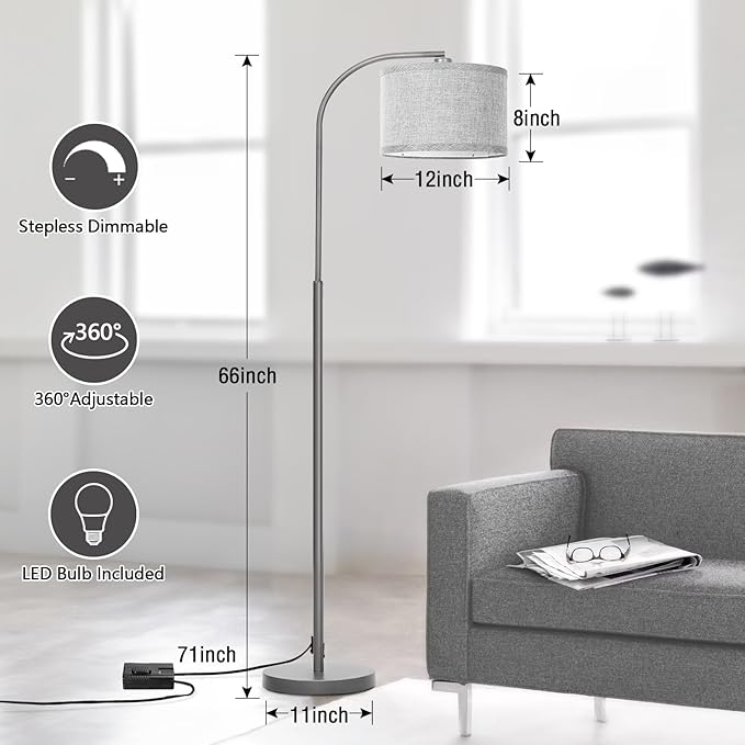 Boncoo Dimmable Floor Lamp, Arc Floor Lamps for Living Room, Stepless Dimmable Standing Lamp with Adjustable Drum Shade, Modern Arched Corner Light for Bedroom, Office, LED Bulb Included - LeafyLoom