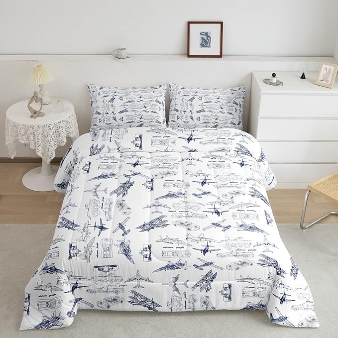 Feelyou Aircraft Bedding Set Kids Airplane Print Comforter Set Boys Girls Decor Aircraft Flying Comforter Cover Set Microfiber Sketch Style Blue White Duvet Set Bedroom Quilt Set Twin Size - LeafyLoom