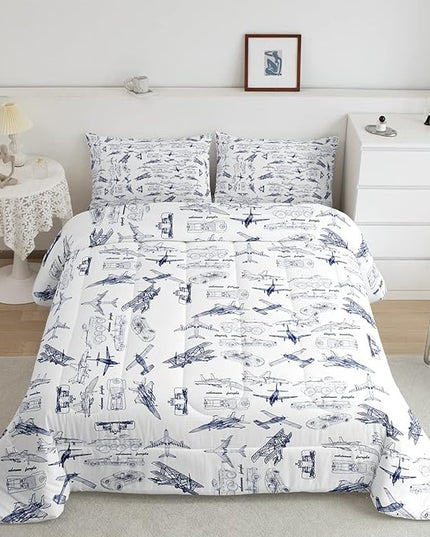 Feelyou Aircraft Bedding Set Kids Airplane Print Comforter Set Boys Girls Decor Aircraft Flying Comforter Cover Set Microfiber Sketch Style Blue White Duvet Set Bedroom Quilt Set Queen Size - LeafyLoom
