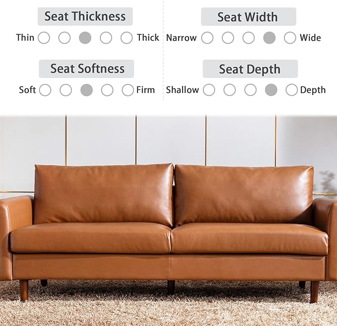 Dreamsir 80'' Faux Leather Sofa Couch, Mid-Century Modern Sofa with Solid Wooden Frame & Padded Cushions, 3-Seater Couch for Living Room, Apartment, Lounge Room (Brown) - LeafyLoom