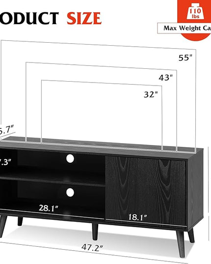 WLIVE Mid-Century Modern TV Stand for 55" TV, Entertainment Center with Storage, Open Shelves TV Console for Living Room and Bedroom, Black - LeafyLoom