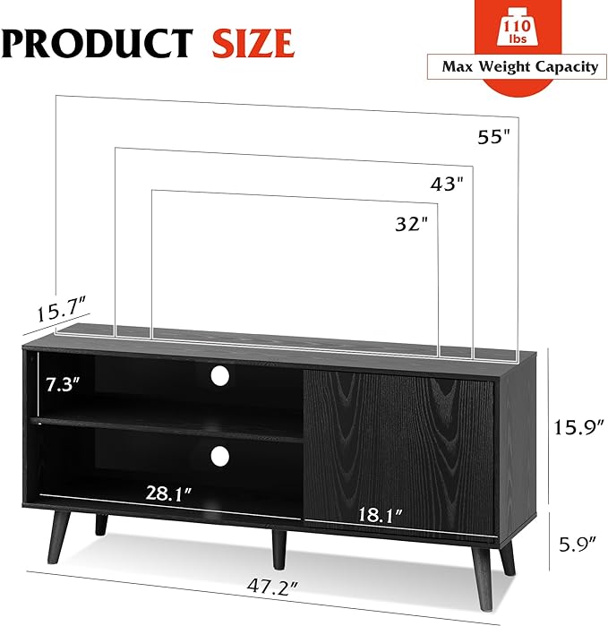 WLIVE Mid-Century Modern TV Stand for 55" TV, Entertainment Center with Storage, Open Shelves TV Console for Living Room and Bedroom, Black - LeafyLoom
