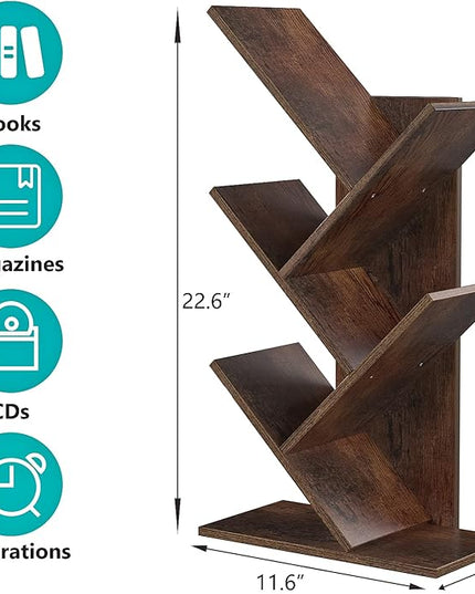 5 Tier Small Tree Bookshelf Desk Book Organizer Narrow Bookcases for Books Magazines CDs Free Standing Retro Wooden Storage Shelves for Home Office Bedroom Living Room Rustic Brown - LeafyLoom