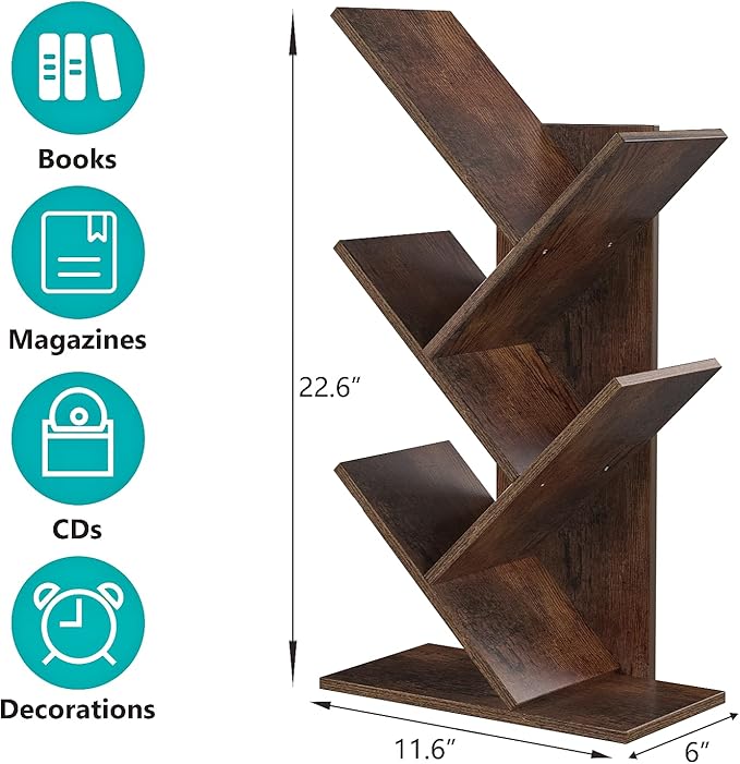 5 Tier Small Tree Bookshelf Desk Book Organizer Narrow Bookcases for Books Magazines CDs Free Standing Retro Wooden Storage Shelves for Home Office Bedroom Living Room Rustic Brown - LeafyLoom