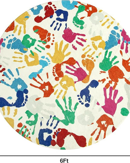 Large Round Rug for Classroom 6 Ft, Colorful Circle Rug for Nursery, Washable Kids Rug for Playroom, Soft Circular Carpet Handprints and Footprints Play Mat for Kids Bedroom Toy Room - LeafyLoom