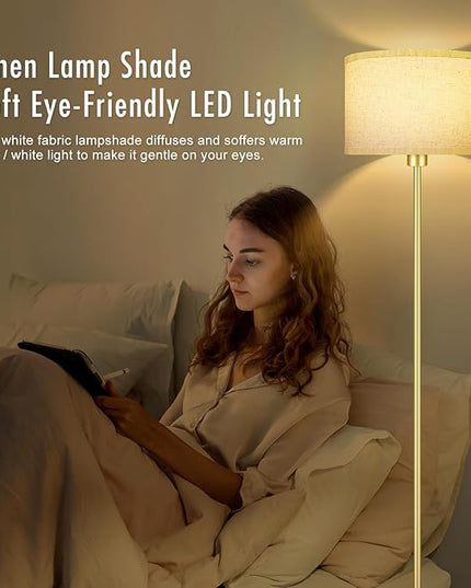 Gold Floor Lamps for Living Room, Bright Standing Lamp with 3 Color Temperatures(9W Bulb), Beige Linen Lampshade, Foot Switch, Simple Reading Floor Lamps Tall Lamps for Bedroom/Office/Den/Classroom - LeafyLoom