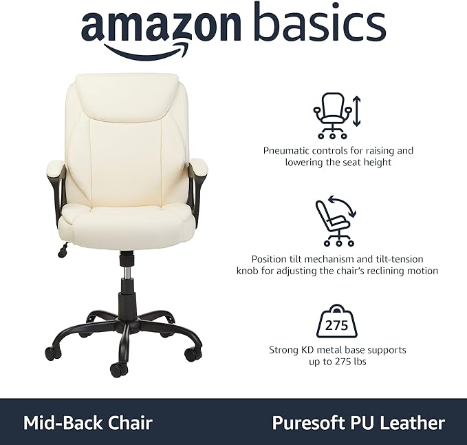 Amazon Basics Classic Puresoft PU Padded Mid-Back Office Computer Desk Chair with Armrest - Cream, 26"D x 23.75"W x 42"H - LeafyLoom