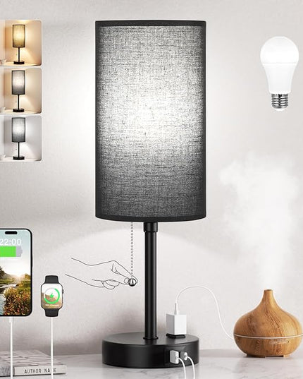Dicoool 18Inch Tall Bedroom Lamps with USB C and A Ports 3 Color Temperatures - Pull Chain Black Nightstand Bedside Table Lamp with AC Outlet, Side Lamp for Living Room End Table - LeafyLoom