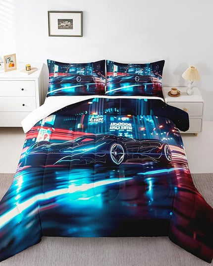 Feelyou City Racing Car Bedding Set King Size for Kids Boys Extreme Sport Games Comforter Set Teens Toddler Fast and Furious Duvet Set Cool Modern Quilt Set 3Pcs - LeafyLoom