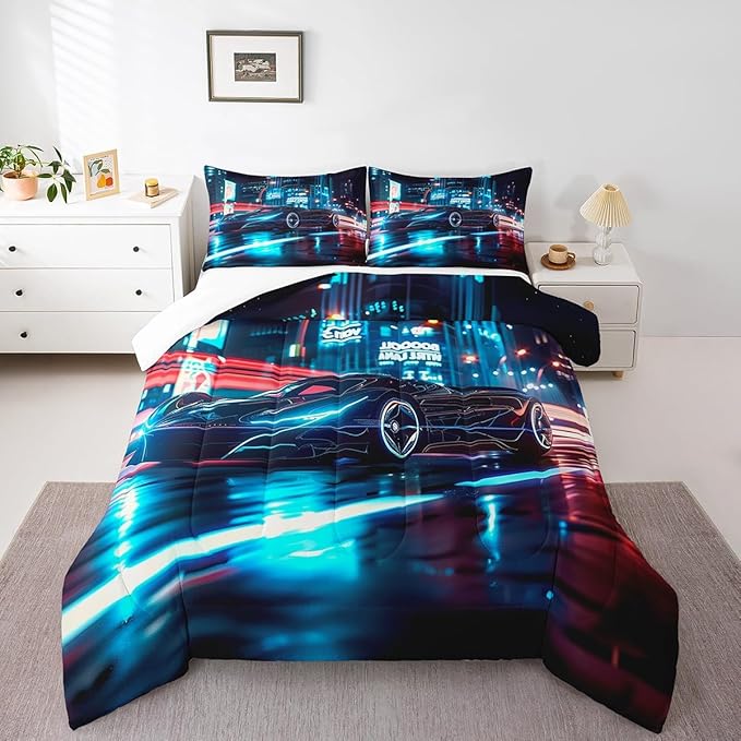Feelyou City Racing Car Bedding Set King Size for Kids Boys Extreme Sport Games Comforter Set Teens Toddler Fast and Furious Duvet Set Cool Modern Quilt Set 3Pcs - LeafyLoom
