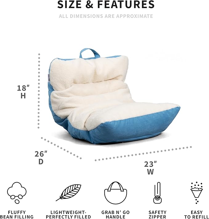 Big Joe Roma Kid's Bean Bag Chair, Oat Sherpa and Dusty Blue, Vegan Suede, 2 feet - LeafyLoom