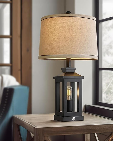 23.75" Retro Farmhouse Black Table Lamp for Living Room Bedroom Nightstand Set of 2 Touch Control Bedside Nightlight Vintage Modern Lamp with USB C+A Ports and 2 Light Sources - LeafyLoom
