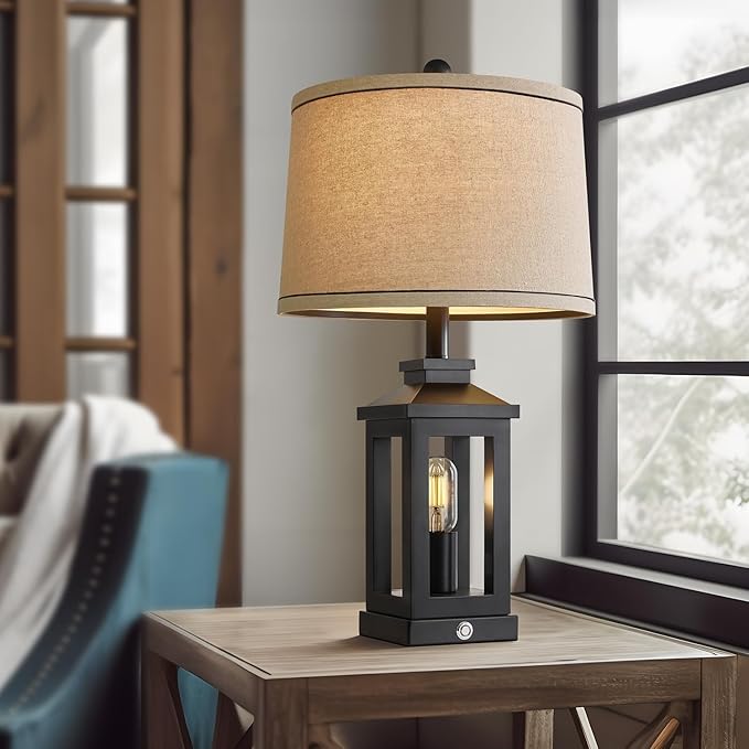 23.75" Retro Farmhouse Black Table Lamp for Living Room Bedroom Nightstand Set of 2 Touch Control Bedside Nightlight Vintage Modern Lamp with USB C+A Ports and 2 Light Sources - LeafyLoom