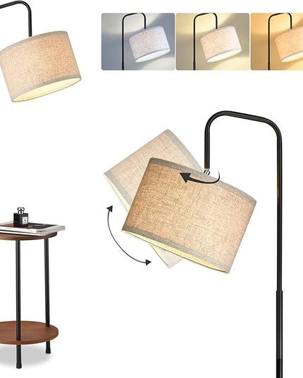 ELYONA Modern Floor Lamp with End Table, 3-Color Temperatures Solid Wood Side Table Lamp with Adjustable Drum Shade, Rustic Reading Standing Light for Bedroom, Living Room, LED Bulb Included, Brown - LeafyLoom