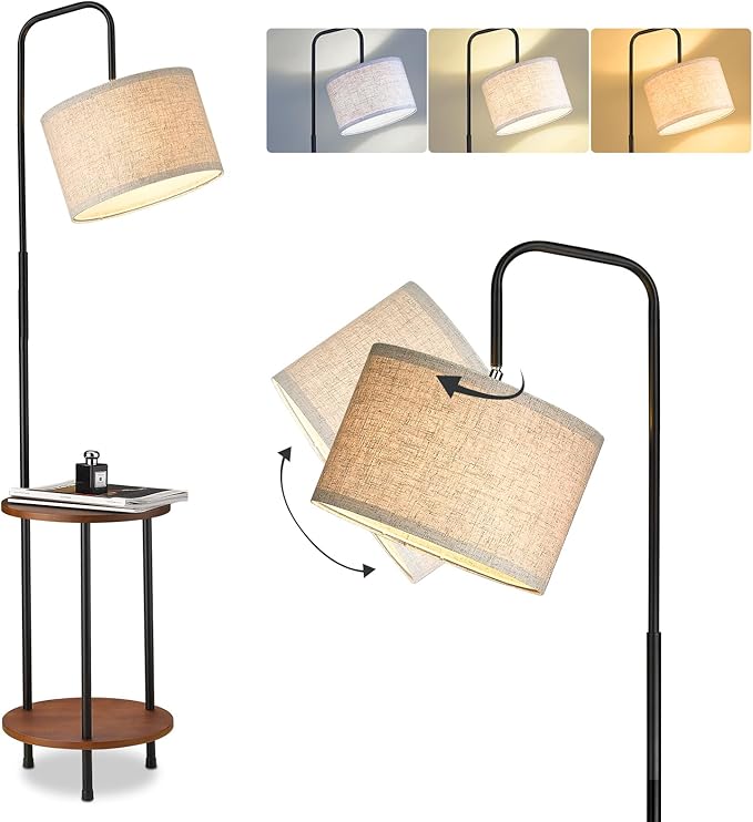 ELYONA Modern Floor Lamp with End Table, 3-Color Temperatures Solid Wood Side Table Lamp with Adjustable Drum Shade, Rustic Reading Standing Light for Bedroom, Living Room, LED Bulb Included, Brown - LeafyLoom
