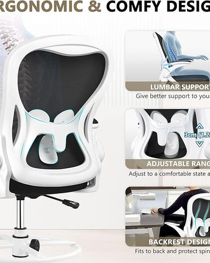 Drafting Chair, Tall Office Chair Ergonomic Standing Desk chair, Lumbar Support Computer Chair Swivel Task Rolling Chair with Adjustable Flip-up Armrests & Foot Ring (White) - LeafyLoom