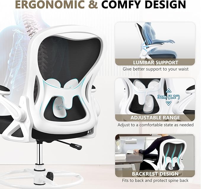 Drafting Chair, Tall Office Chair Ergonomic Standing Desk chair, Lumbar Support Computer Chair Swivel Task Rolling Chair with Adjustable Flip-up Armrests & Foot Ring (White) - LeafyLoom
