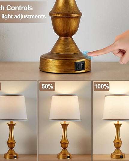 Table Lamps for Bedrooms Set of 2, Gold Bedside Lamps with USB C+A Ports, 3 Way Dimmable Nightstand Lamps with Fabric Lampshade, Touch Table Lamp for Living Room Bedroom Office, Bulbs Included - LeafyLoom