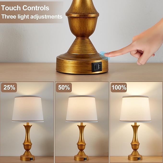 Table Lamps for Bedrooms Set of 2, Gold Bedside Lamps with USB C+A Ports, 3 Way Dimmable Nightstand Lamps with Fabric Lampshade, Touch Table Lamp for Living Room Bedroom Office, Bulbs Included - LeafyLoom