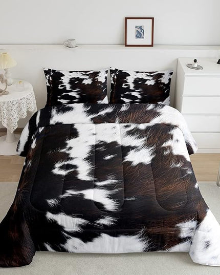 Brown Cowhide Comforter Set King,Black White Aztec Cow Print Bedding Set Western Farmhouse Animal Fur Down Comforter for Kids Boys Girls,Rustic Cowboy Quilt Duvet Set 2 Pillow Cases Bedroom Decor - LeafyLoom