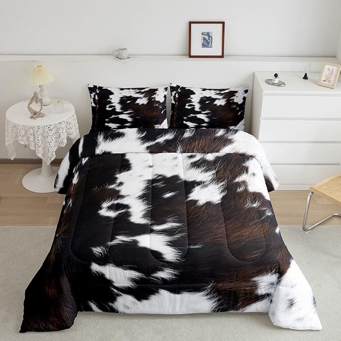 Brown Cowhide Comforter Set King,Black White Aztec Cow Print Bedding Set Western Farmhouse Animal Fur Down Comforter for Kids Boys Girls,Rustic Cowboy Quilt Duvet Set 2 Pillow Cases Bedroom Decor - LeafyLoom