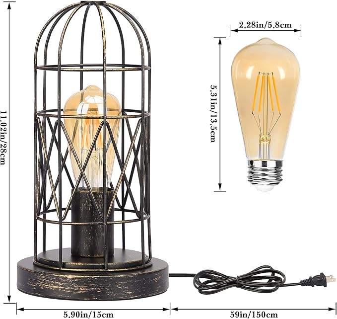Industrial Table Lamp, Small Touch Lamp with Rustic Cage Vintage Bedside Lamp 3 Way Dimmable Nightstand Lamp Edison Desk Lamp for Bedroom, Living Room, Hallway, Entryway, Kitchen, 4W LED Bulb Included - LeafyLoom