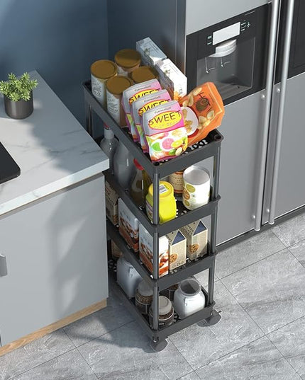 Sooyee 4 Tier Wide Storage Cart Mobile Shelving Unit Organizer Slide Out Storage Rolling Utility Cart Tower Rack for Kitchen Bathroom Laundry, Plastic & Stainless Steel,Black - LeafyLoom