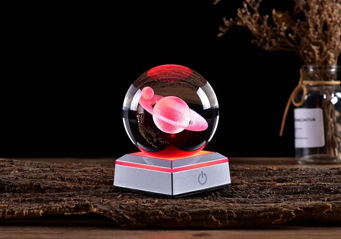 3D Crystal Ball Saturn Model, with Led Lamp Stand, 3.15'' Saturn Planets Glass Ball Decor, Engraved Crystal Sphere with Gift Box, 6 Color Light, Romantic Gifts for Kids Friends - LeafyLoom